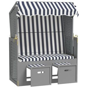 vidaXL Strandkorb com toldo vime PE e madeira maci&ccedil;a azul e branco