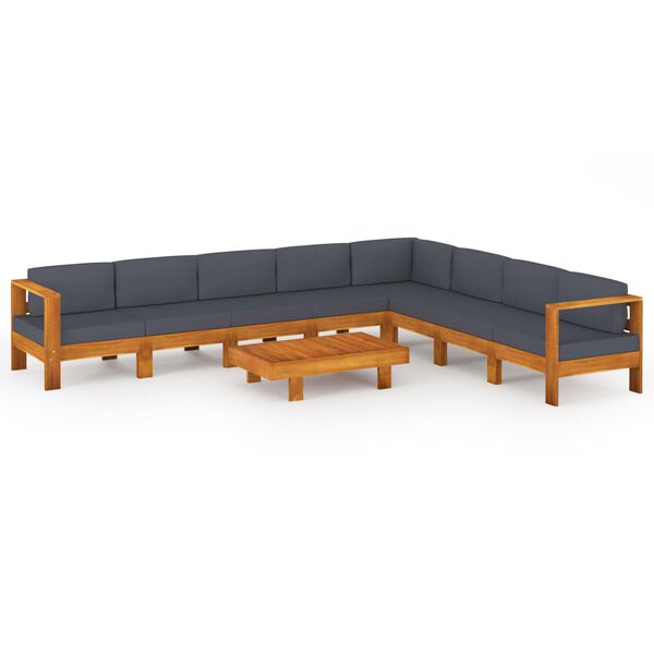 vidaXL 9 pcs conj. lounge de jardim c/ almofadões cinza-escuro acácia