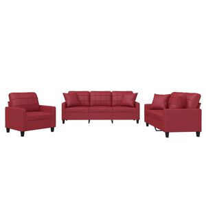 vidaXL 3 pcs conjunto sof&aacute;s c/ almofadas couro artif. vermelho tinto