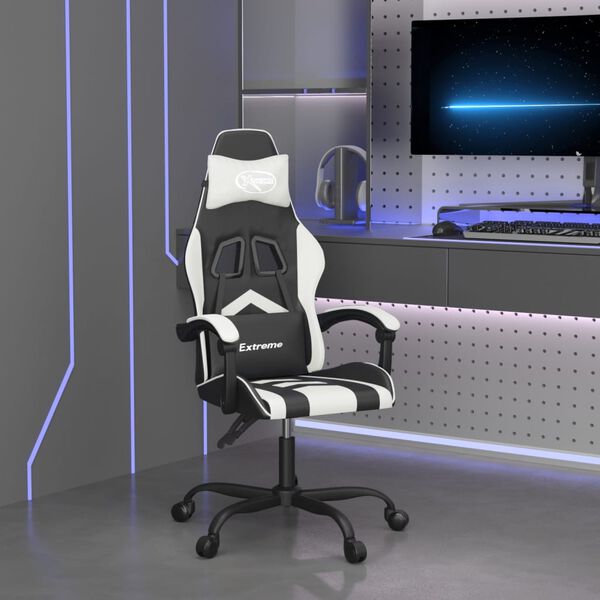 vidaXL Cadeira gaming girat&oacute;ria couro artificial preto e branco