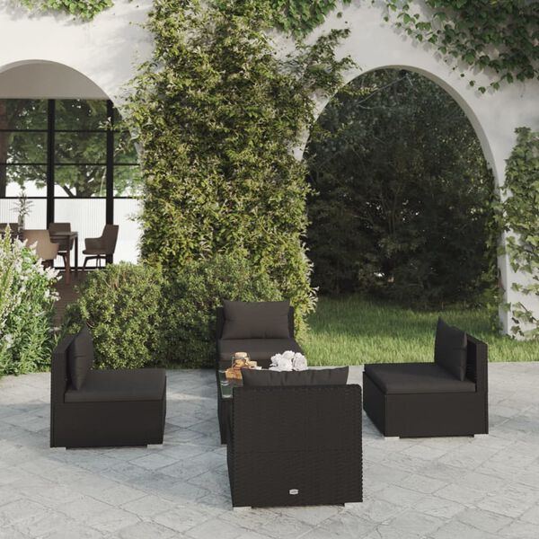 vidaXL 5 pcs conjunto lounge de jardim c/ almofad&otilde;es vime PE preto