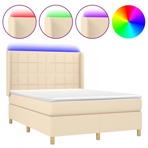 vidaXL Cama box spring c/ colch&atilde;o e LED 140x190 cm tecido cor creme
