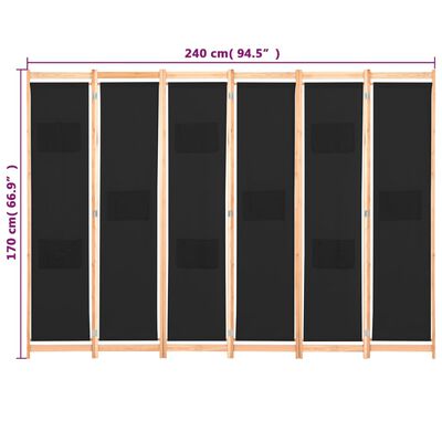 vidaXL Divisória de quarto com 6 painéis 240x170x4 cm tecido preto