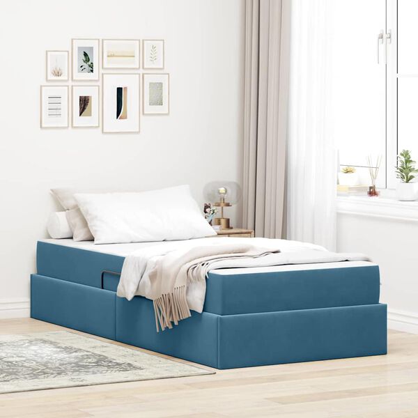 vidaXL Cama com arruma&ccedil;&atilde;o e colch&atilde;o Azul Escuro 90 x 200 cm Veludo