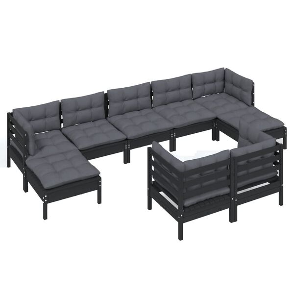 vidaXL 9 pcs conjunto lounge jardim c/ almofad&otilde;es pinho maci&ccedil;o preto