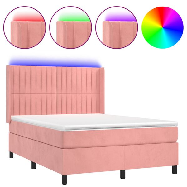 vidaXL Cama box spring c/ colch&atilde;o/LED 140x200 cm veludo rosa