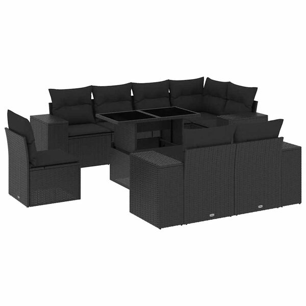 vidaXL 9 pcs conjunto de sof&aacute;s p/ jardim c/ almofad&otilde;es vime PE preto