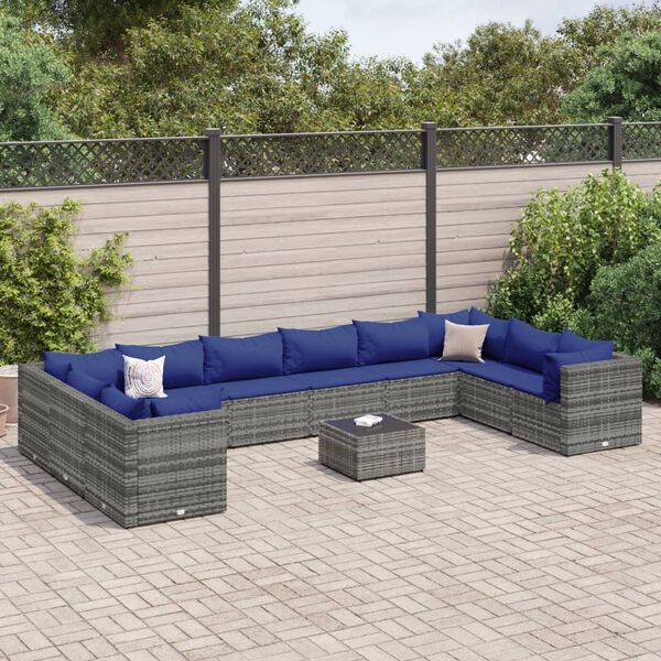 vidaXL 11 pcs conjunto lounge de jardim c/ almofad&otilde;es vime PE cinzento