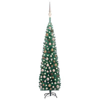 vidaXL Árvore Natal artificial fina pré-iluminada c/ bolas 210cm verde