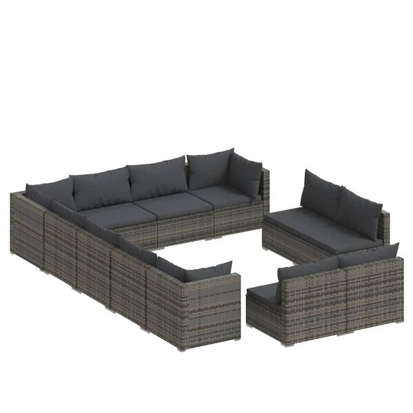 vidaXL 12 pcs conjunto lounge de jardim c/ almofad&otilde;es vime PE cinzento