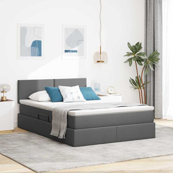 vidaXL Cama com arruma&ccedil;&atilde;o e LED Cinza Escuro 140 x 200 cm Poli&eacute;ster