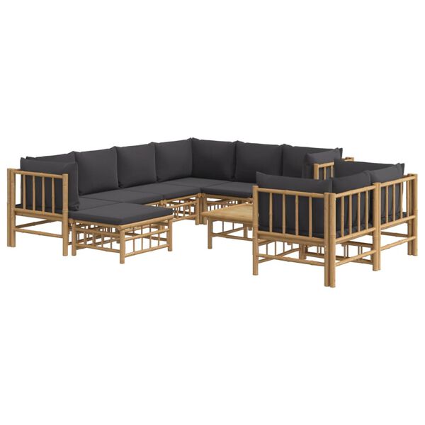 vidaXL 10 pcs conj. lounge de jardim bambu c/ almofad&otilde;es cinza-escuros