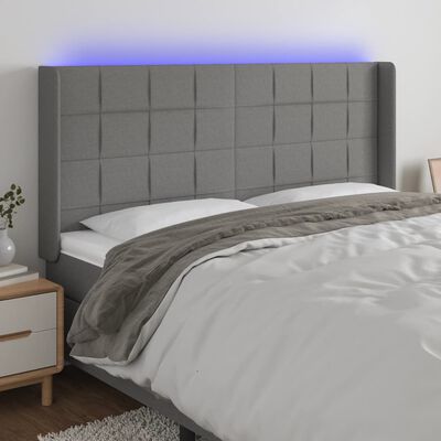 vidaXL Cabeceira de cama c/ LED tecido 203x16x118/128 cm cinza-escuro