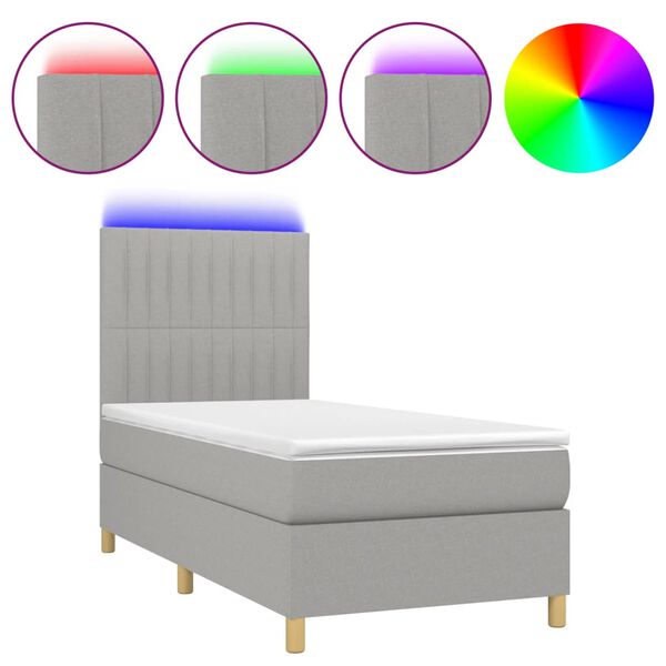 vidaXL Cama box spring c/ colch&atilde;o e LED 90x190 cm tecido cinza-claro