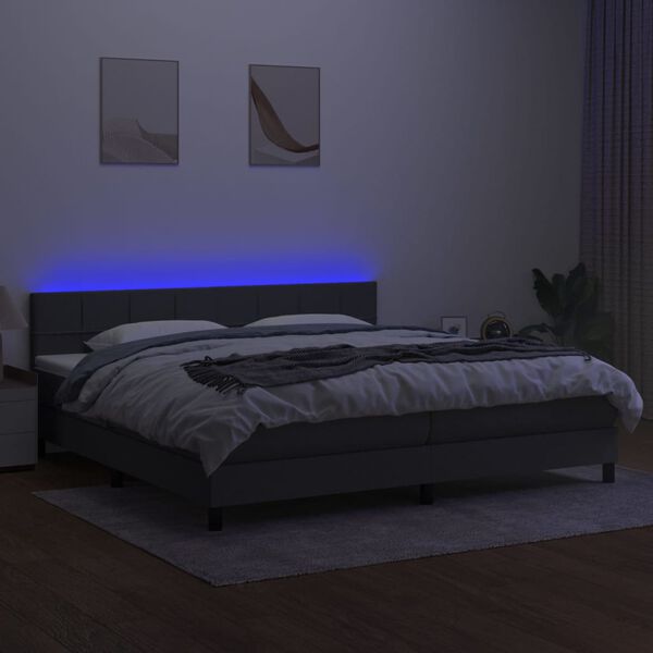 vidaXL Cama box spring c/ colch&atilde;o e LED 200x200 cm tecido cinza-escuro