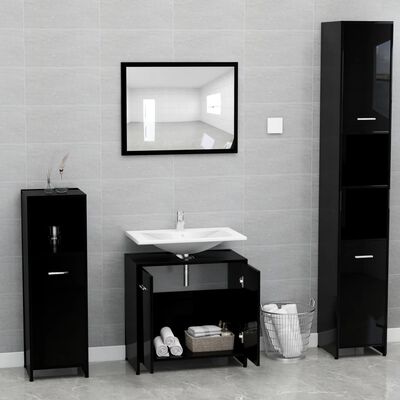 vidaXL Conj. móveis casa de banho madeira processada preto brilhante