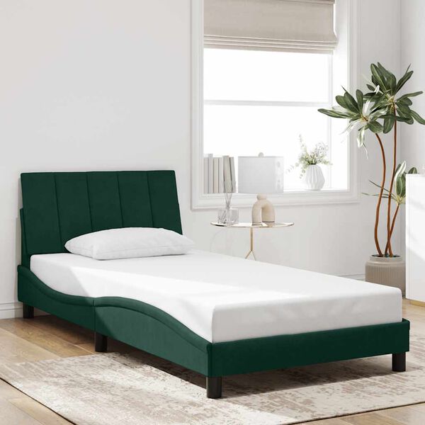 vidaXL Estrutura de cama com LED sem colch&atilde;o Hanko 100x200 cm veludo verde-escuro