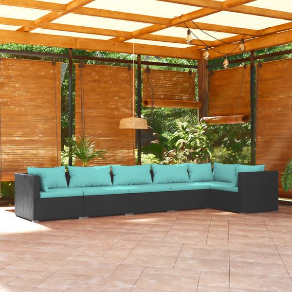 vidaXL 6 pcs conjunto lounge de jardim c/ almofadões vime PE preto
