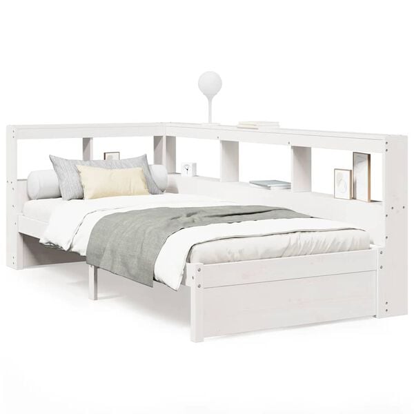 vidaXL Cama com estante sem colch&atilde;o 90x200 cm pinho maci&ccedil;o branco