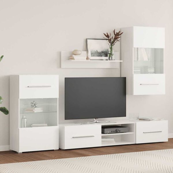 vidaXL M&oacute;veis TV de 5pcs ilumina&ccedil;&atilde;o LED madeira trabalhada branco mate