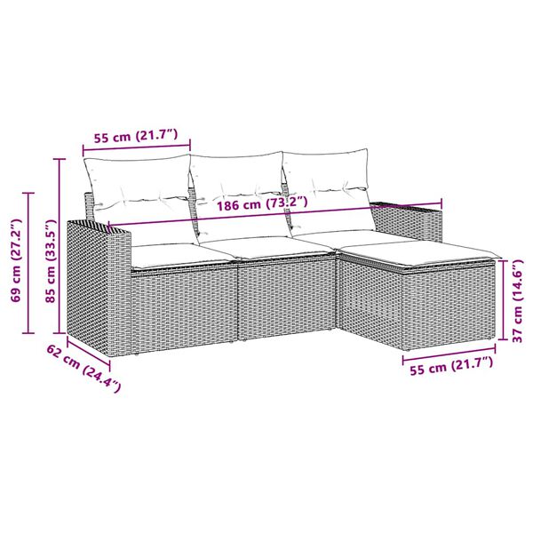 vidaXL 4 pcs conj. sofás jardim c/ almofadões vime PE cinzento-claro