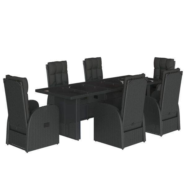 vidaXL 7 pcs conjunto de jantar p/ jardim c/ almofad&otilde;es vime PE preto