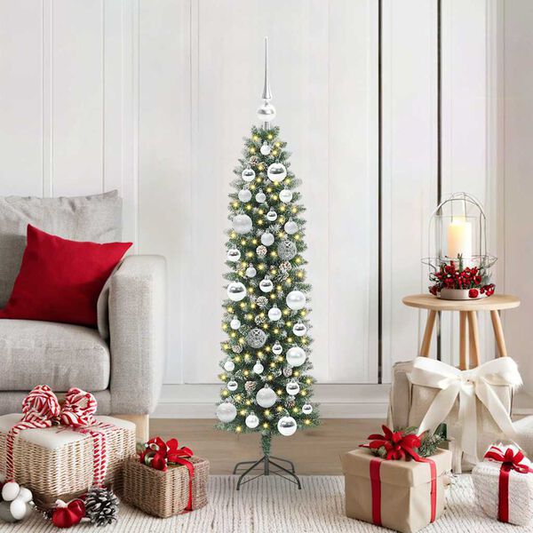 vidaXL &Aacute;rvore Slim de Natal Artificial Verde e Branco 120 cm