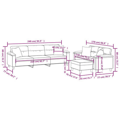 vidaXL 3 pcs conjunto sofás c/ almofadas tecido microfibra cinza-claro