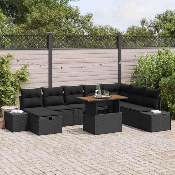 vidaXL Conjunto de Sof&aacute; de Jardim 9 pcs Preto Rattan Sint&eacute;tico