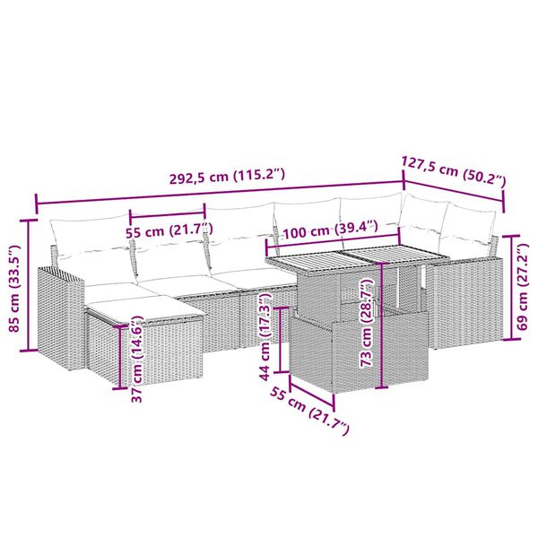 vidaXL 8 pcs conjunto de sof&aacute;s p/ jardim com almofad&otilde;es vime PE bege