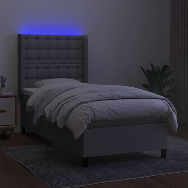 vidaXL Cama box spring c/ colch&atilde;o e LED 90x200 cm tecido cinza-claro