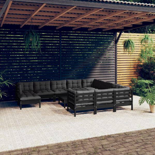 vidaXL 12 pcs conjunto lounge de jardim c/ almofad&otilde;es pinho preto