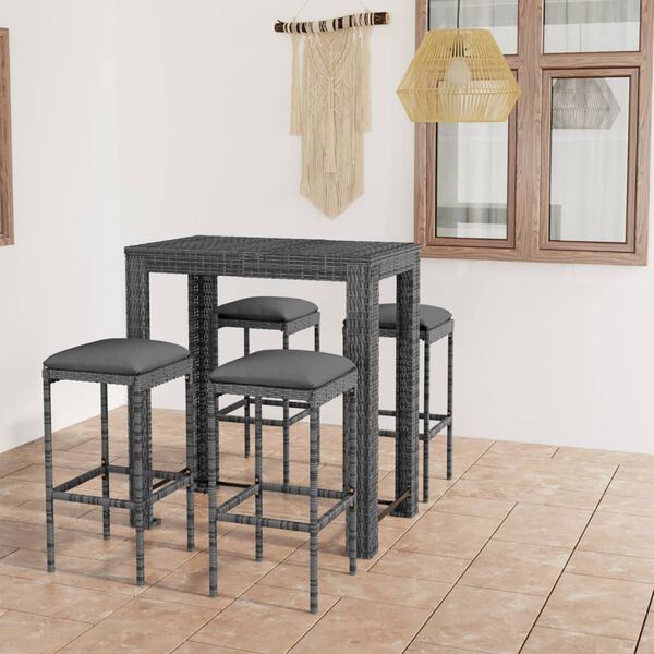 vidaXL 5 pcs conjunto de bar p/ jardim c/ almofad&otilde;es vime PE cinzento