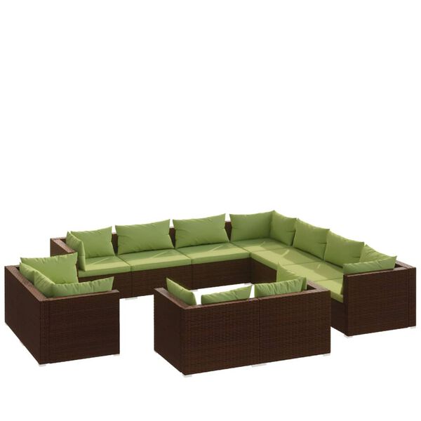 vidaXL 11 pcs conjunto lounge de jardim c/ almofad&otilde;es vime PE castanho
