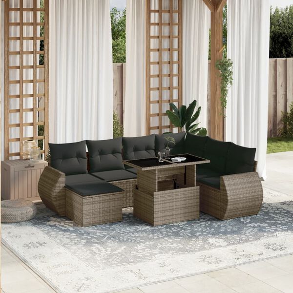 vidaXL 8 pcs conjunto sof&aacute;s de jardim c/ almofad&otilde;es vime PE cinzento