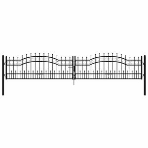 vidaXL Port&atilde;o de cerca KAMPEN com ponta em forma de lan&ccedil;a, preto, 394,5 x 78 cm, em a&ccedil;o.