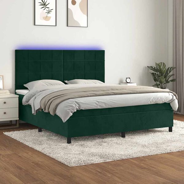 vidaXL Cama box spring c/ colch&atilde;o/LED 160x200 cm veludo verde-escuro