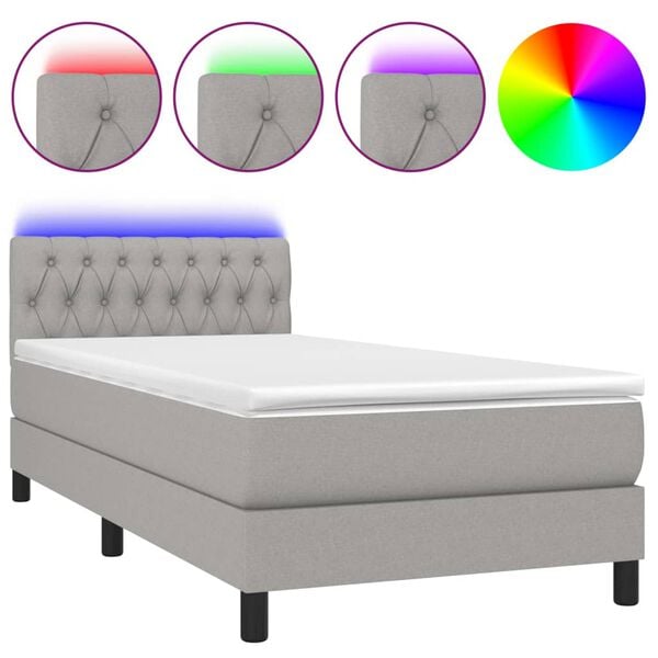 vidaXL Cama box spring c/ colch&atilde;o e LED 100x200 cm tecido cinza-claro
