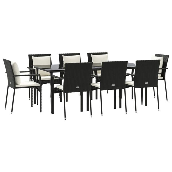 vidaXL 9 pcs conjunto de jantar p/ jardim c/ almofad&otilde;es vime PE preto