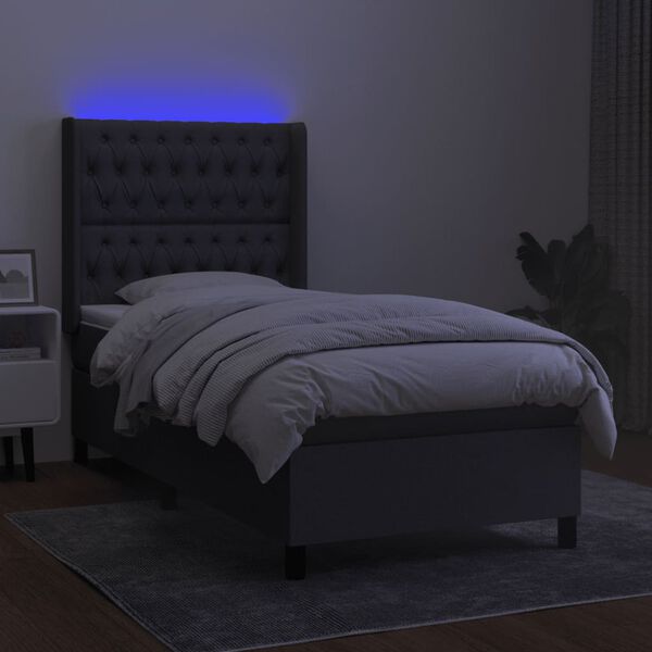 vidaXL Cama box spring c/ colch&atilde;o e LED 90x200 cm tecido cinza-escuro