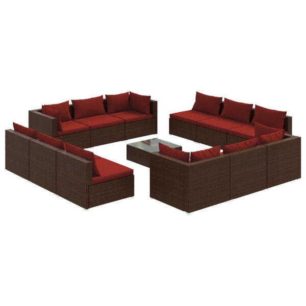 vidaXL 13 pcs conjunto lounge de jardim c/ almofad&otilde;es vime PE castanho
