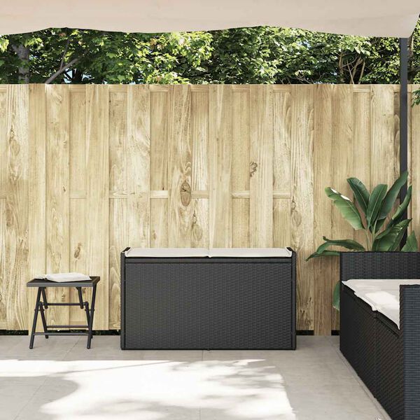 vidaXL Banco de arrumação exterior com almofadão 100 cm vime PE preto