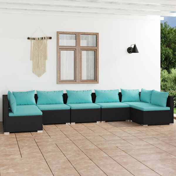 vidaXL 7 pcs conjunto lounge de jardim c/ almofadões vime PE preto
