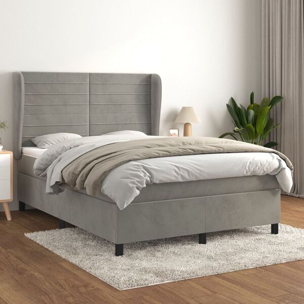 vidaXL Cama com molas/colch&atilde;o 140x200 cm veludo cinzento-claro