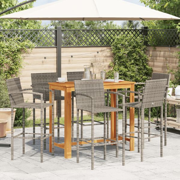 vidaXL 7 pcs conjunto de bar p/ jardim ac&aacute;cia maci&ccedil;a/vime PE cinzento
