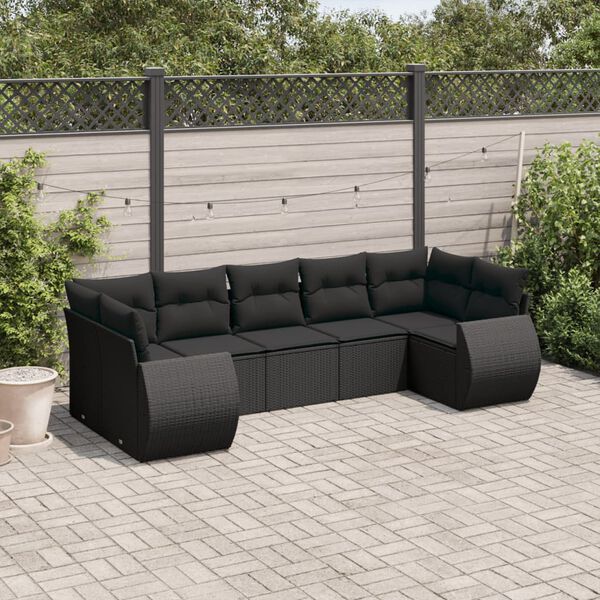 vidaXL 7 pcs conjunto de sof&aacute;s p/ jardim c/ almofad&otilde;es vime PE preto
