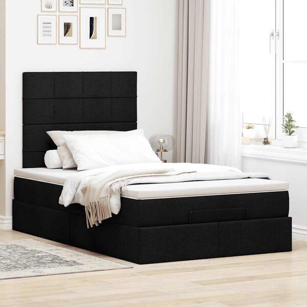 vidaXL Estrutura de cama otomana com colch&atilde;o preto 120x190 cm tecido
