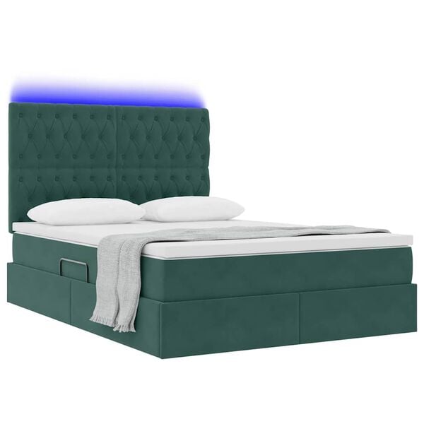 vidaXL Cama com arruma&ccedil;&atilde;o e LED Verde Escuro 140 x 200 cm Veludo