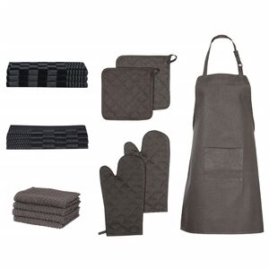 vidaXL Conj. panos de cozinha c/ luvas e pegas 15 pcs algod&atilde;o preto