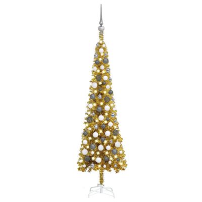 vidaXL Árvore de Natal pré-iluminada fina com bolas 120 cm dourado